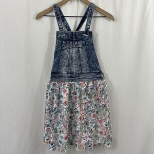 Jordache Vintage Girls Floral Lace Acid Wash Denim Overall Dress Size XL 14/16